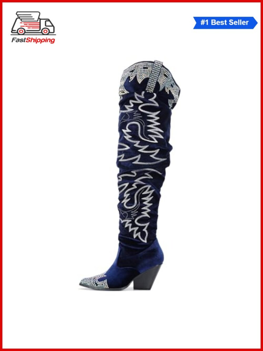 Rhinestone Embroidered Faux Leather Thigh High Cowboy Boots Memory Foam
